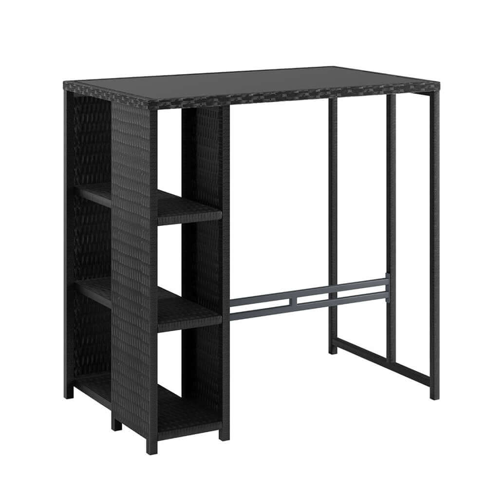 Gardeon outdoor bar table in black wicker with tempered glass top and 3 storage shelves, ideal for stylish patio dining.