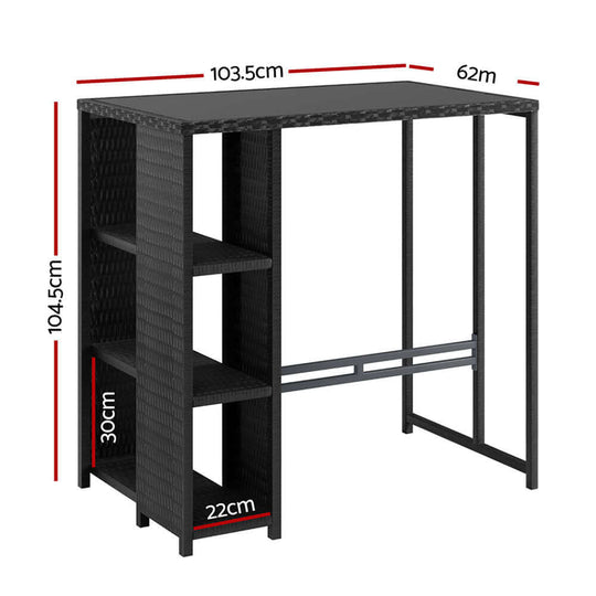 Gardeon outdoor bar table with storage shelves and tempered glass top, 103.5cm width, black wicker design.