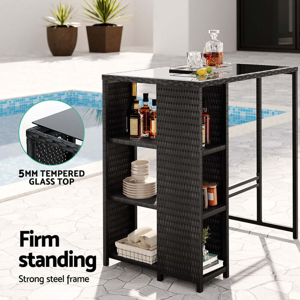 Gardeon outdoor wicker bar table with glass top and storage shelves, perfect for affordable patio furniture.