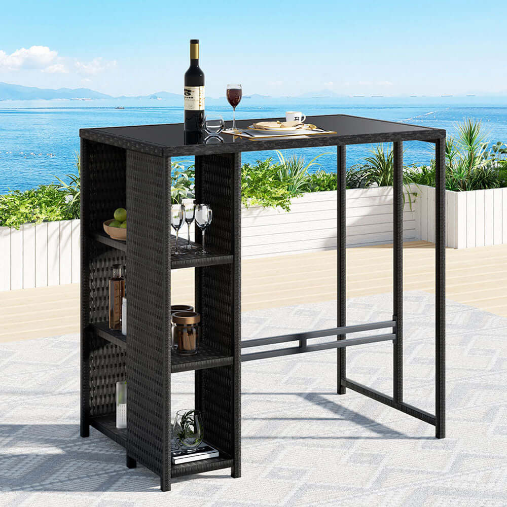 Gardeon outdoor bar table with wicker design, tempered glass top, and shelves for stylish patio entertaining.