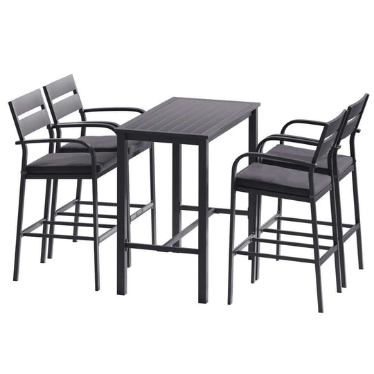 Gardeon 5-piece outdoor bar set with aluminum table and black padded stools, perfect for stylish outdoor entertaining.