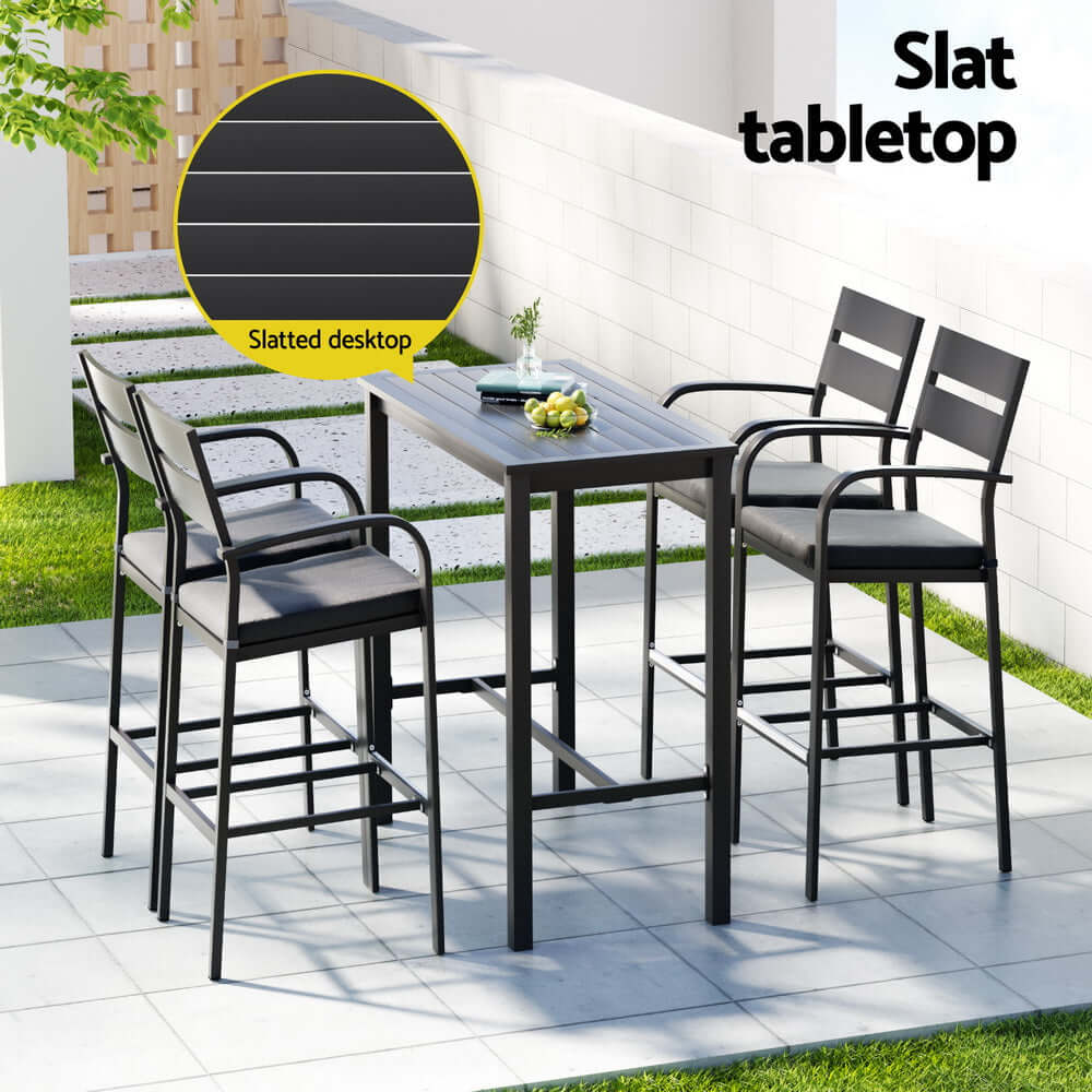 Gardeon 5-piece outdoor bar set featuring slat tabletop and black aluminum chairs for stylish patio dining.