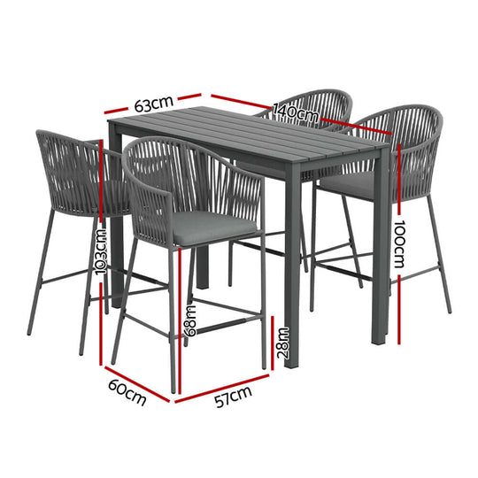 Gardeon 5-piece outdoor bar set with dining table and rope chairs, dimensions and design highlighted for patio bistro use.