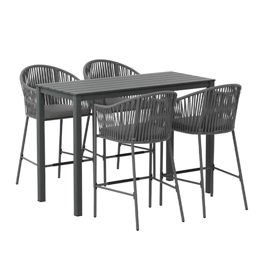 Gardeon 5-piece outdoor bar set with dining table and rope chairs, perfect for stylish and affordable patio dining.