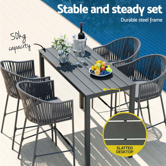 Gardeon outdoor bar set with durable steel frame, slatted desktop, and four rope chairs, ideal for stylish patio dining.