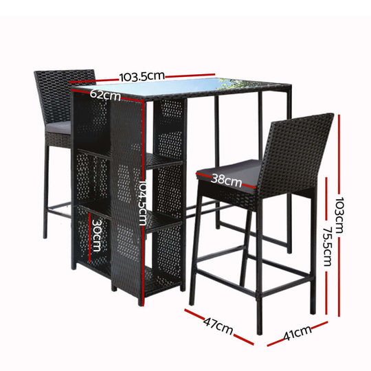 Gardeon 3-piece outdoor bar set featuring wicker chairs and table with dimensions for an elegant patio dining experience.