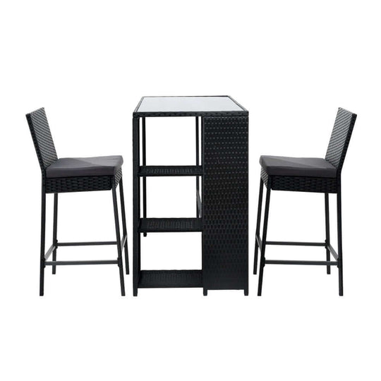 Gardeon 3-piece outdoor bar set with wicker chairs and table, perfect for chic patio dining.