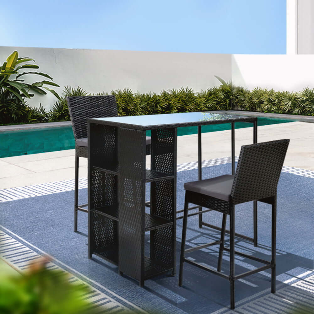 Gardeon 3-piece outdoor bar set, wicker table with stools, perfect for affordable luxury patio dining.