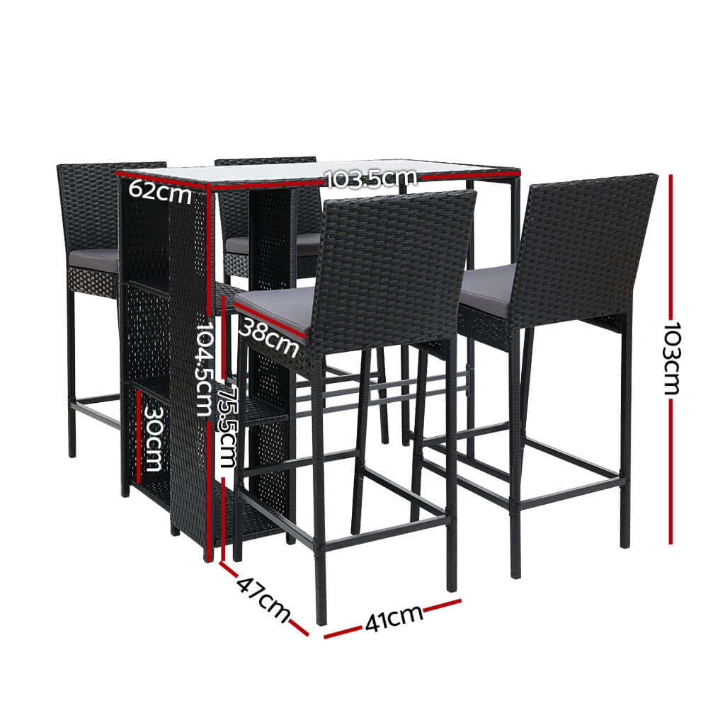 Gardeon 5-piece outdoor bar set dimensions with stylish wicker table and stools for backyard patio dining.