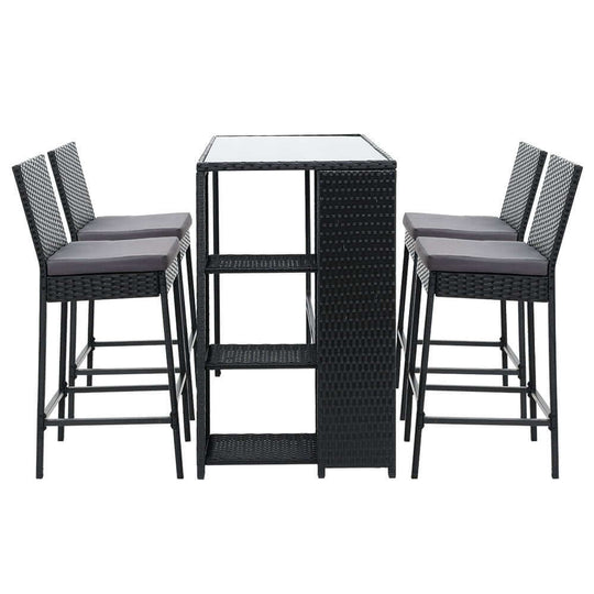 Gardeon 5-piece outdoor bar set with wicker table and stools, featuring modern design and comfortable cushions.