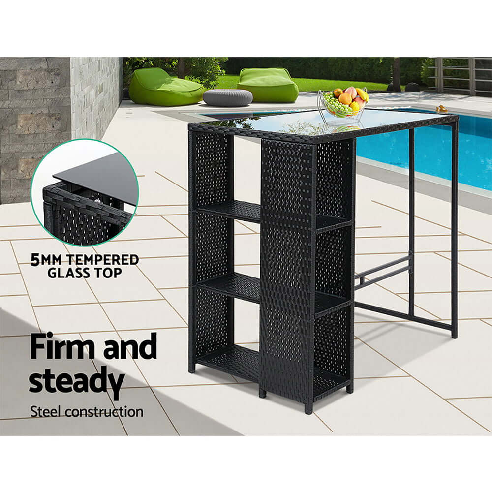 Gardeon outdoor bar set featuring a firm steel frame and 5mm tempered glass top, ideal for patio dining.