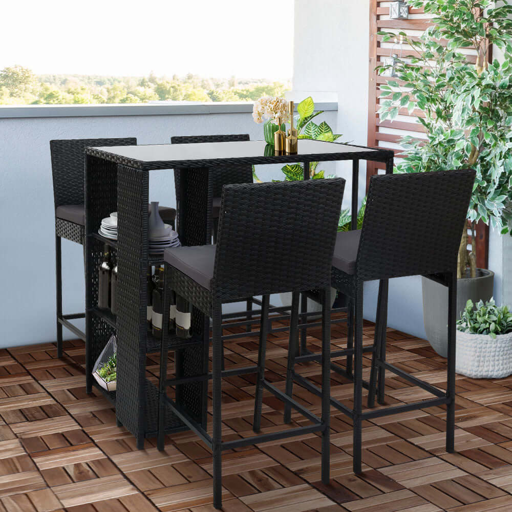 Gardeon 5-piece outdoor bar set with wicker table and stools, perfect for affordable patio dining.