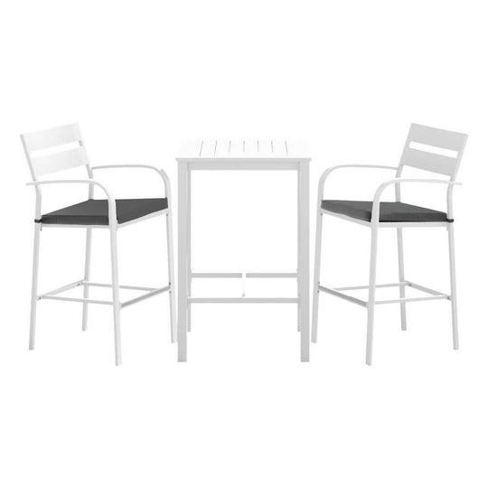 Gardeon 3-piece outdoor bar set with white aluminum stools and table, featuring sleek design and comfortable cushions.