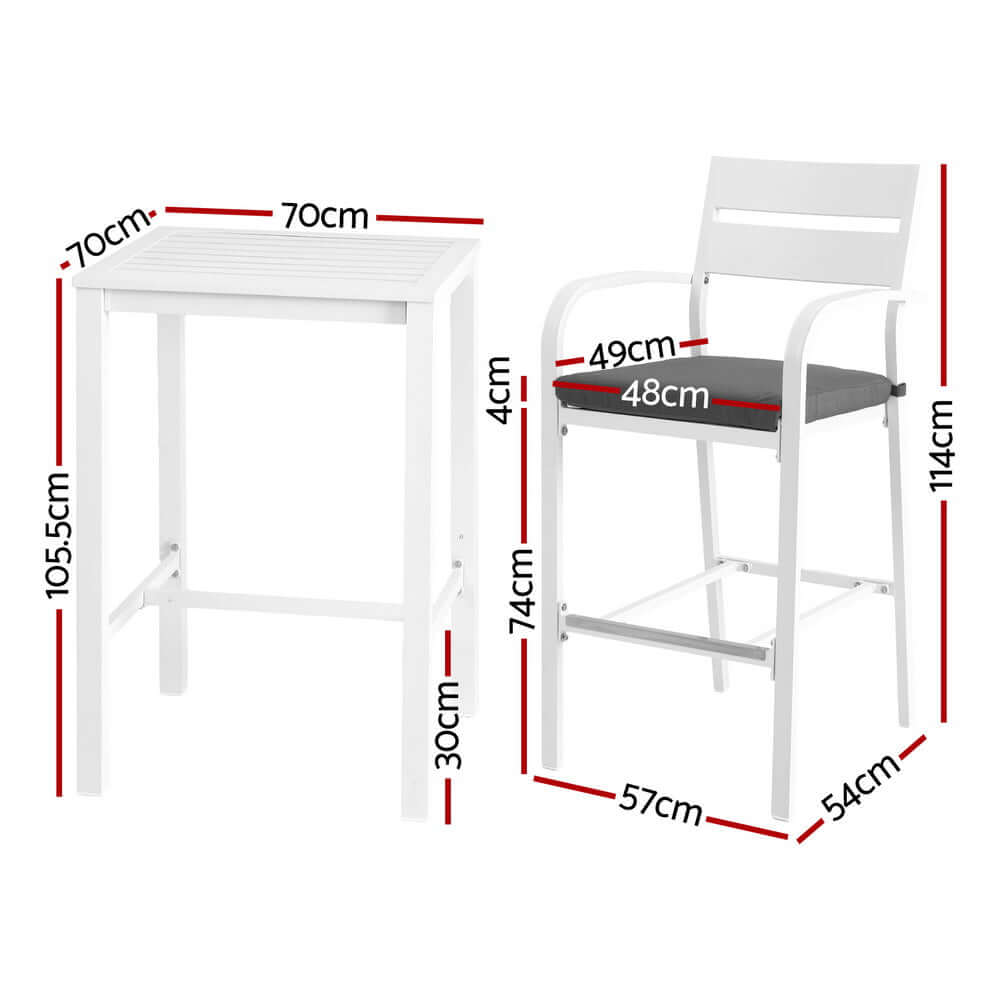 Gardeon 3-piece outdoor bar set dimensions, featuring a sturdy table and comfortable stools with cushions for your patio.