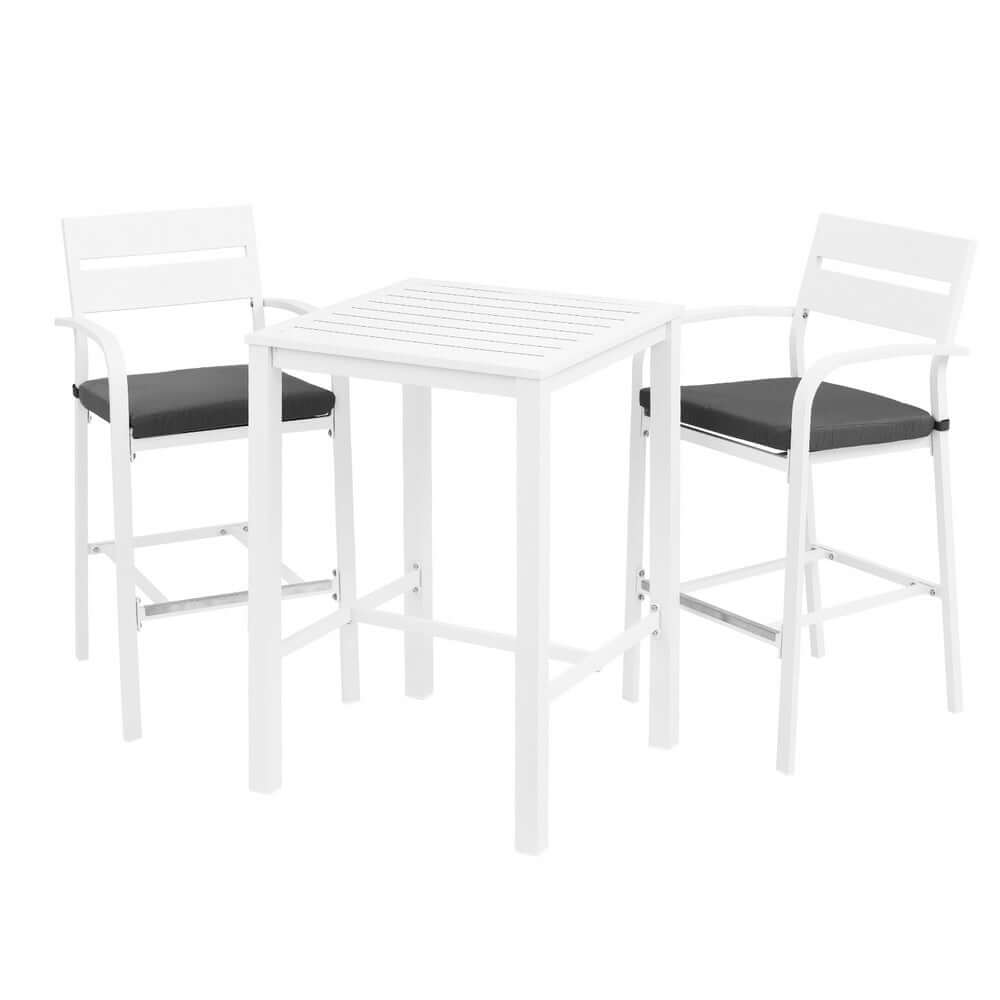 Gardeon 3-piece outdoor bar set with stylish aluminum stools and table, perfect for affordable luxury dining.