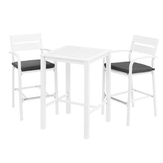 Gardeon 3-piece outdoor bar set with stylish aluminum stools and table, perfect for affordable luxury dining.