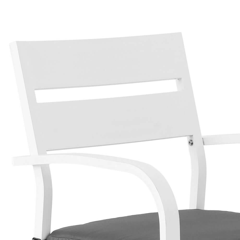 Close-up of Gardeon white outdoor bar stool backrest with slatted design and grey cushion, stylish and comfortable for outdoor dining.