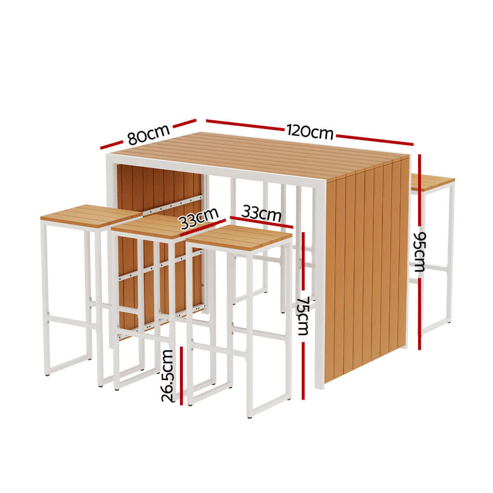 Gardeon 7-Piece Outdoor Bar Set dimensions showing table and chairs with labeled measurements.