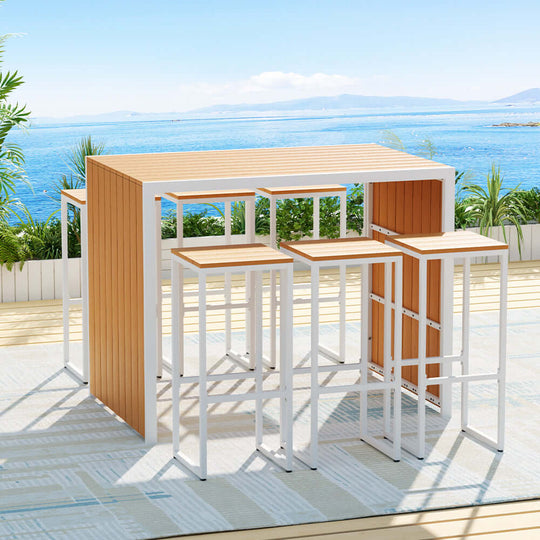 Gardeon 7-piece outdoor bar set with table and chairs, perfect for patio, affordable luxury, and weather-resistant design.