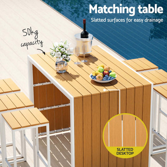 Gardeon outdoor bar set table with slatted surfaces, 50kg capacity, perfect for patio and backyard entertaining.