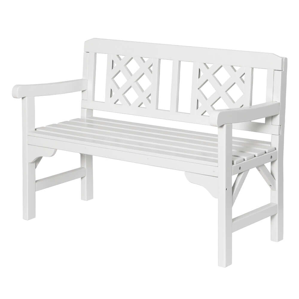 Gardeon white wooden garden bench with lattice backrest, ideal for affordable patio furniture and outdoor relaxation.