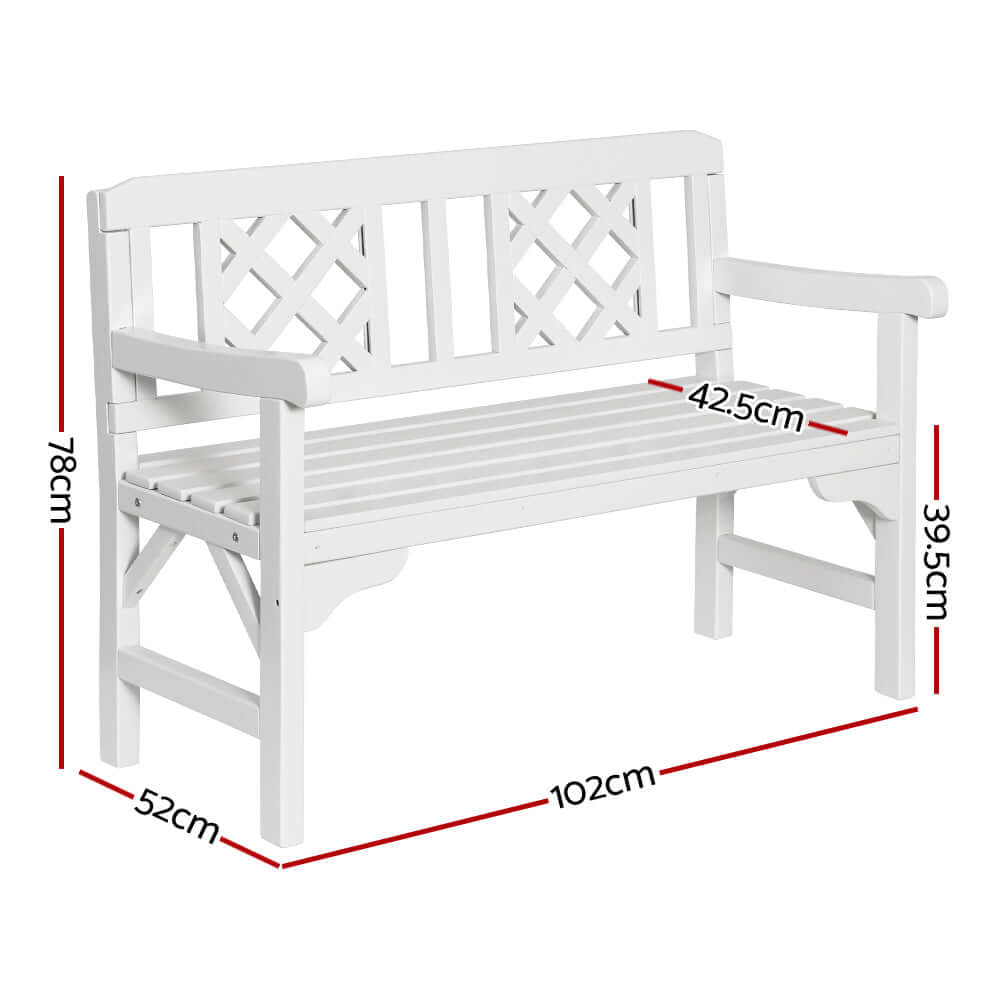 Gardeon white wooden garden bench with lattice backrest, dimensions 102cm x 52cm, 2-seat patio furniture for outdoor comfort.