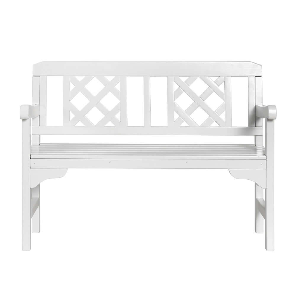 Gardeon white wooden garden bench with lattice backrest, ideal for affordable patio furniture and stylish outdoor lounging.