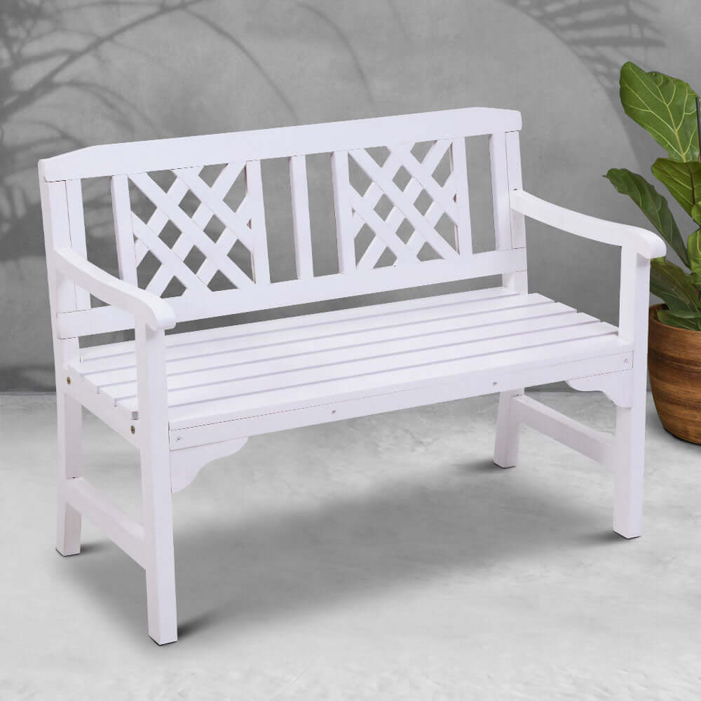 Gardeon white wooden garden bench with lattice backrest, perfect for affordable outdoor or indoor seating.