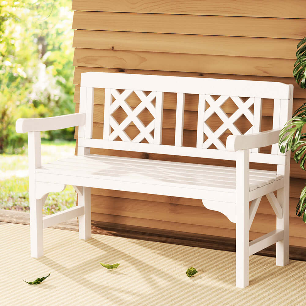 Gardeon outdoor wooden garden bench in white with lattice backrest, perfect for patio or indoor use.