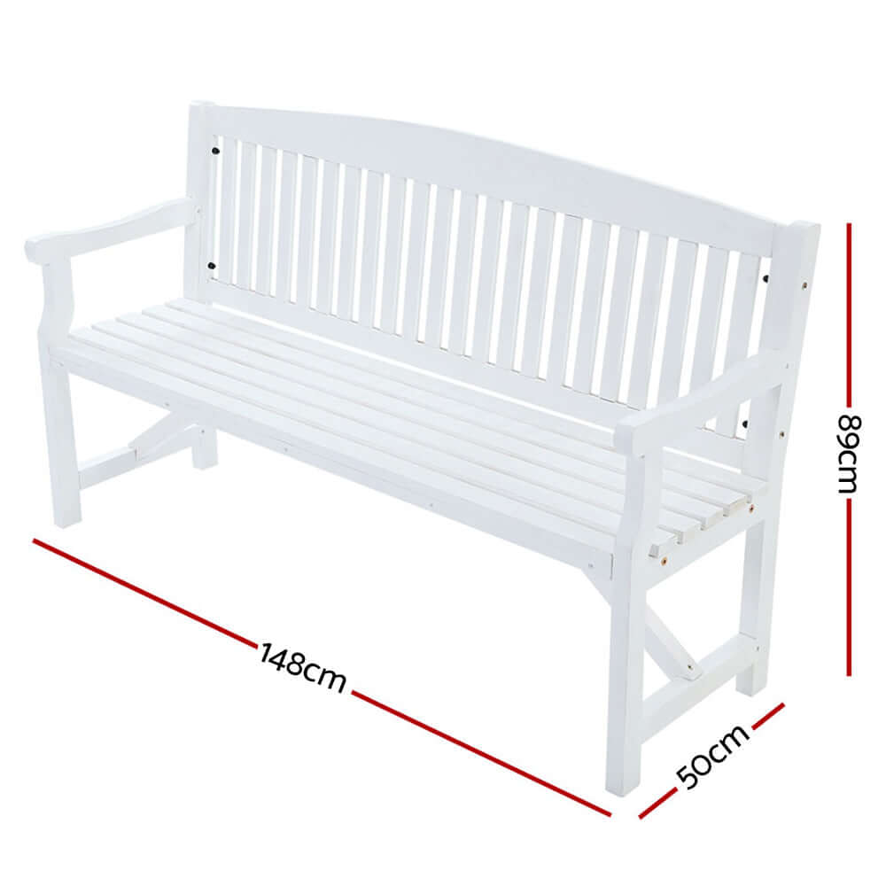 Gardeon 5FT wooden garden bench in white, dimensions 148cm x 50cm x 89cm, perfect for outdoor seating.