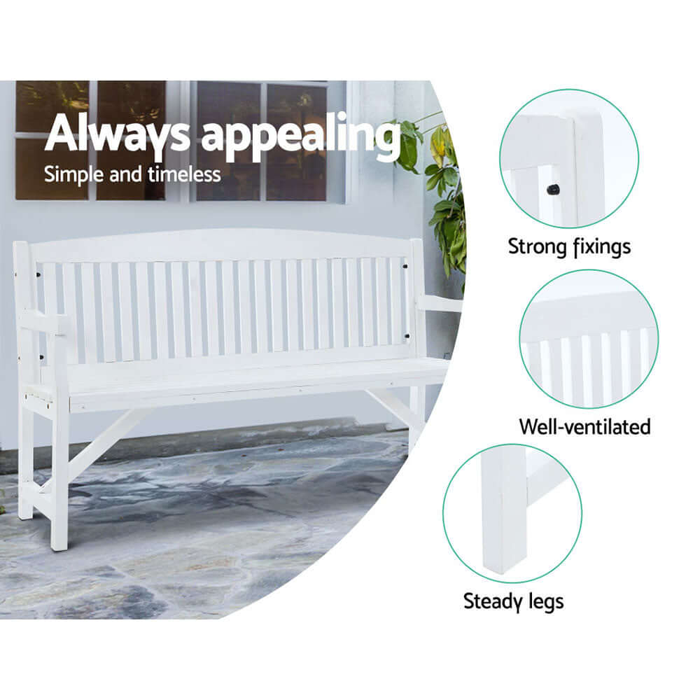 Gardeon 5FT white wooden garden bench showcasing strong fixings, ventilation, and steady legs for indoor or outdoor use.