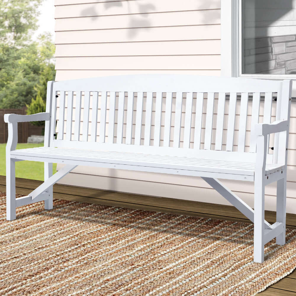 Gardeon 5FT white wooden garden bench, affordable 3-seat patio furniture for indoor or outdoor use.