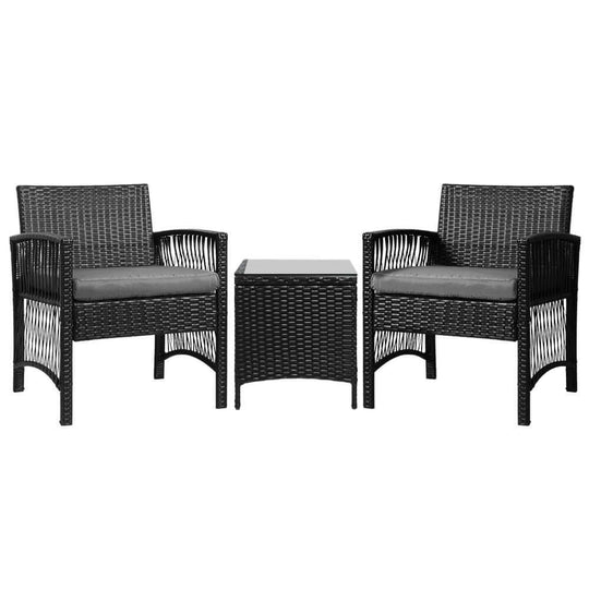 Gardeon 3PC outdoor bistro set with two wicker chairs and a table, affordable patio furniture in black.