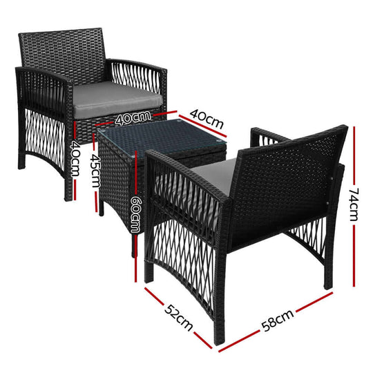 Gardeon 3PC outdoor bistro set with two wicker dining chairs and a table, featuring dimensions for easy reference.