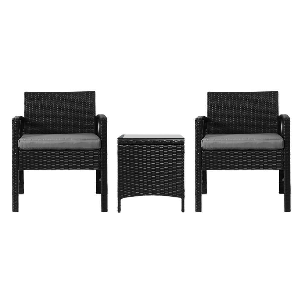 Gardeon 3-piece outdoor bistro set with two black wicker chairs and a matching table, ideal for affordable patio dining.