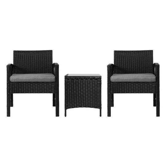 Gardeon 3-piece outdoor bistro set with two black wicker chairs and a matching table, ideal for affordable patio dining.