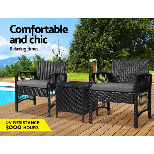 Gardeon 3PC outdoor bistro set with black wicker chairs and cushion, perfect for affordable and chic patio relaxation.