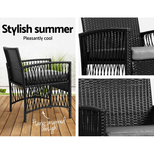 Stylish black wicker chair set, designed with harp-inspired details for a cool summer vibe in outdoor spaces.