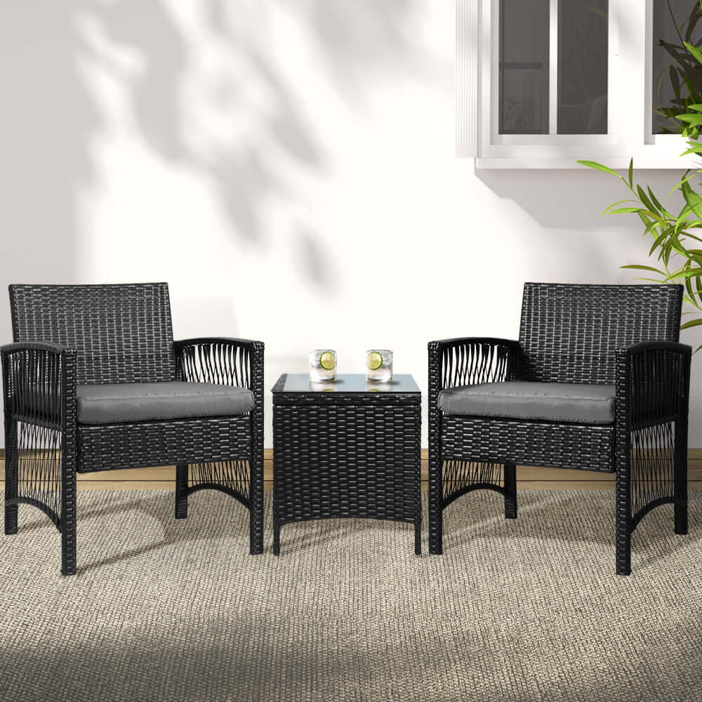 Gardeon 3PC Outdoor Bistro Set with two black wicker chairs and a side table, perfect for affordable luxury and DIY patio decor.