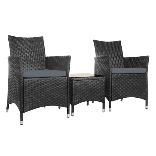 Gardeon 3PC Outdoor Bistro Set in all black, featuring wicker chairs and table with cushions, perfect for patio gatherings.