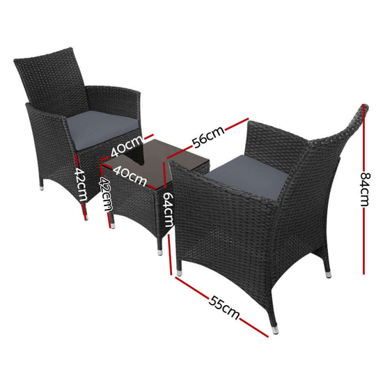 Gardeon 3PC Outdoor Bistro Set with wicker chairs and glass table, dimensions included, ideal for any patio.