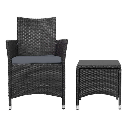 Gardeon outdoor wicker chair and black glass top table set, affordable patio furniture for stylish and comfortable outdoor lounging.