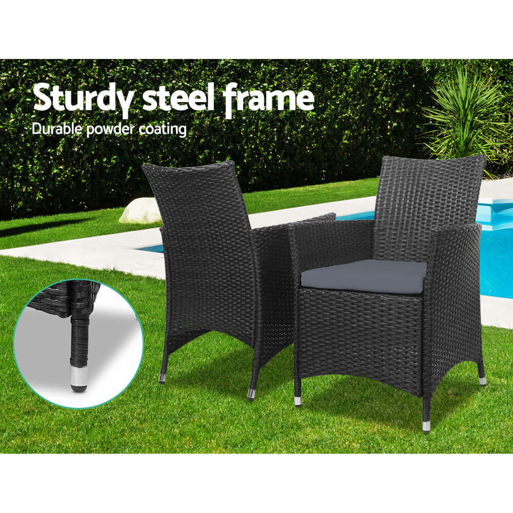 Gardeon outdoor wicker chairs with sturdy steel frame and powder coating beside a pool, ideal for affordable patio furniture.