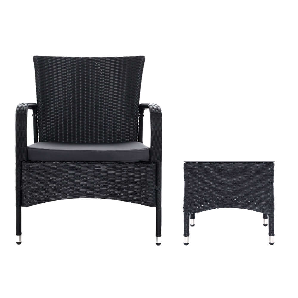 Gardeon outdoor bistro set featuring a wicker chair with cushion and a matching side table, ideal for affordable patio decor.