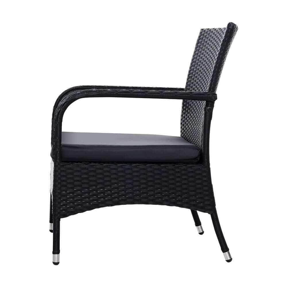 Side view of Gardeon outdoor bistro chair, stylish black wicker with cushion, affordable luxury for outdoor living.