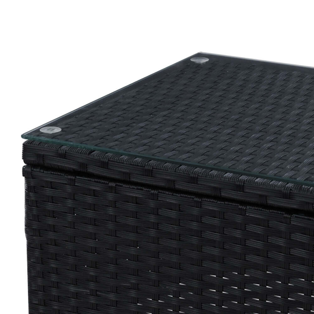 Close-up of Gardeon outdoor bistro table featuring woven PE wicker and glass top, stylish and durable for outdoor use.