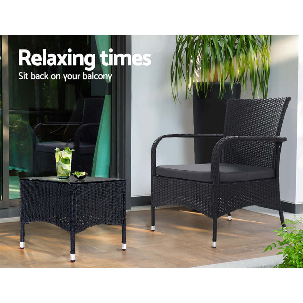 Gardeon outdoor bistro set featuring stylish wicker chairs and table for relaxing times on your balcony.