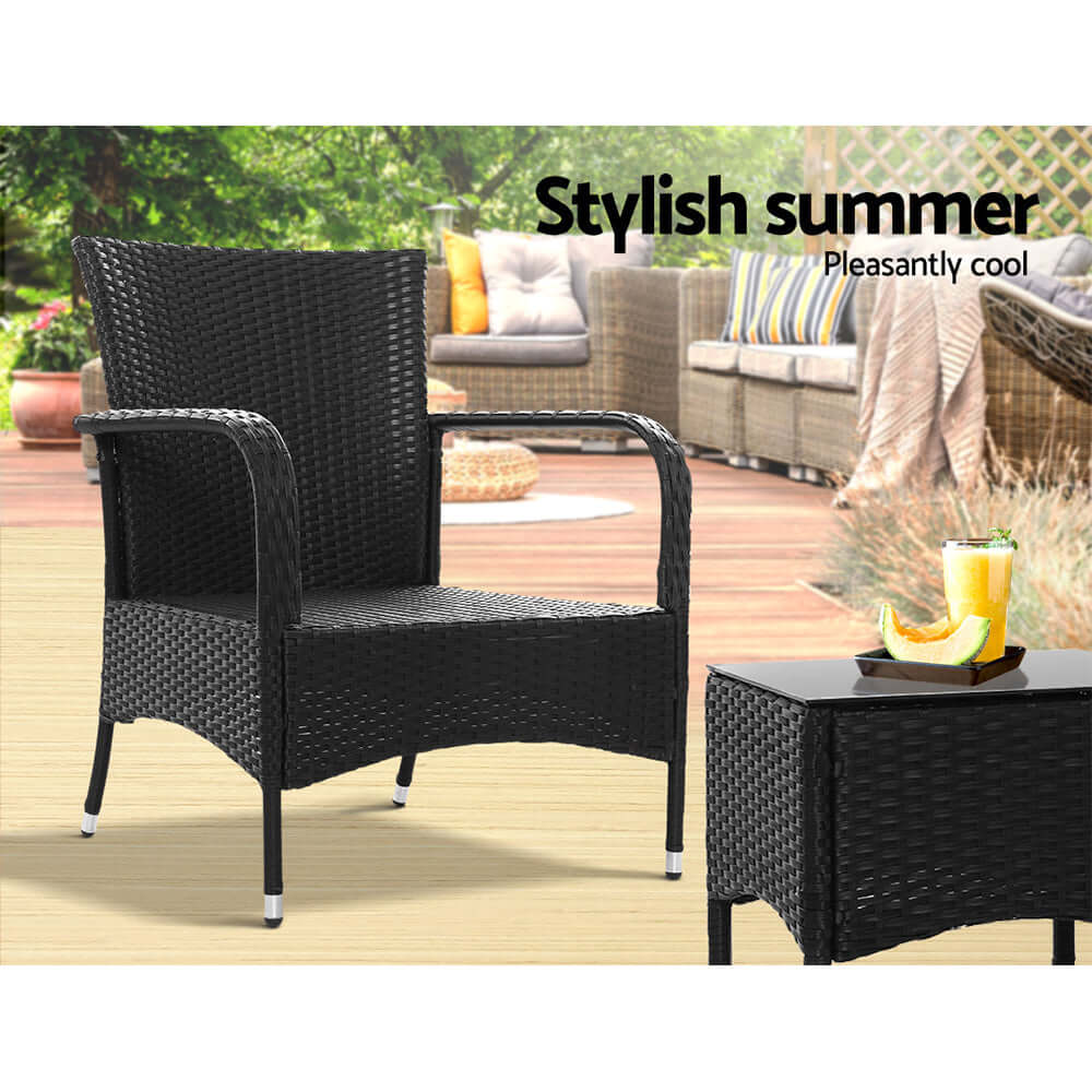 Gardeon black wicker chair for outdoor use, stylish and weather-resistant for summer relaxation.