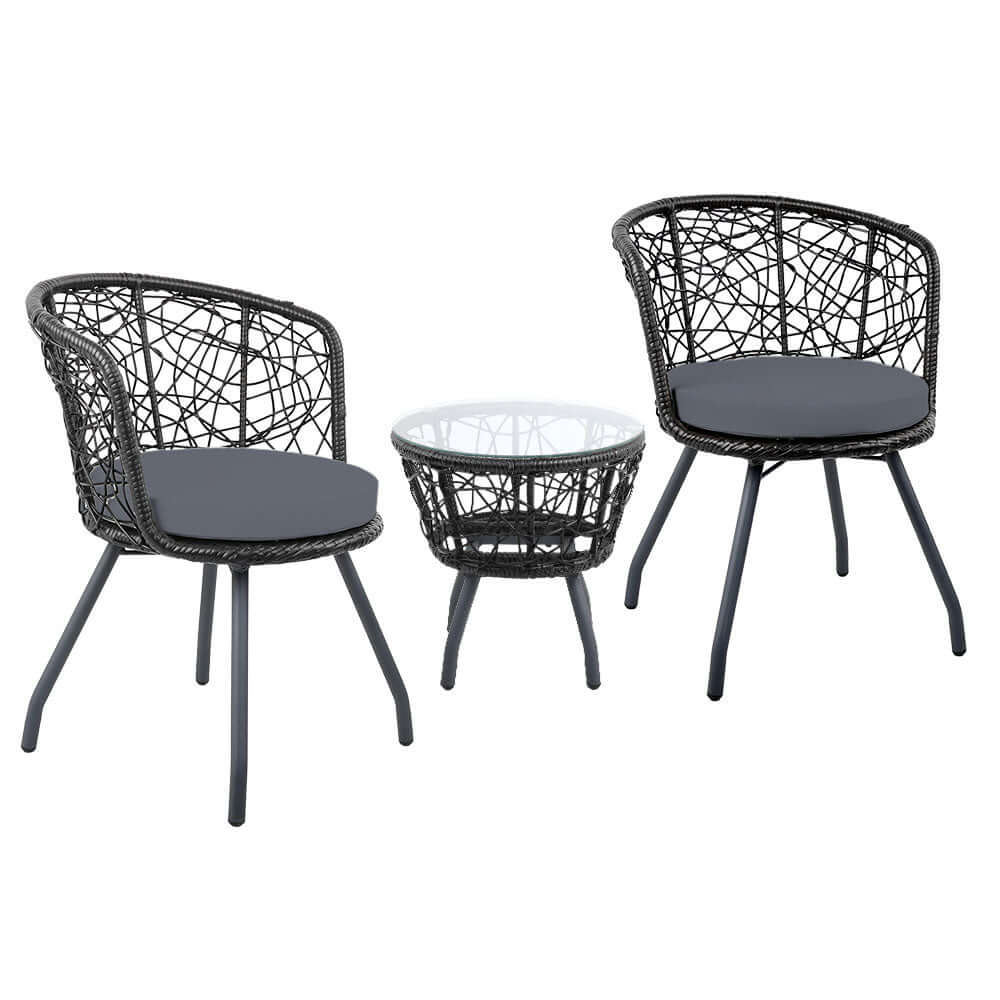 Gardeon 3PC Black Rattan Bistro Set with Cushioned Chairs and Glass Top Table for Outdoor Patio or Garden.