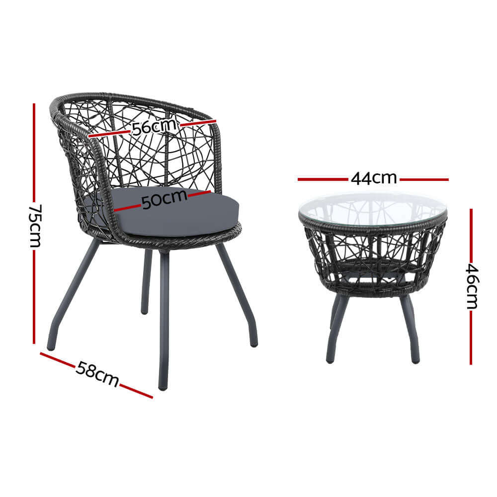 Gardeon 3PC Bistro Set featuring round rattan chairs and table, perfect for outdoor or indoor use, with detailed dimensions.